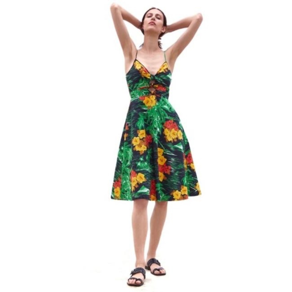 Zara Tropical Hawaiian Floral Palm MIDI Dress Knotted Front Large - Picture 9 of 9